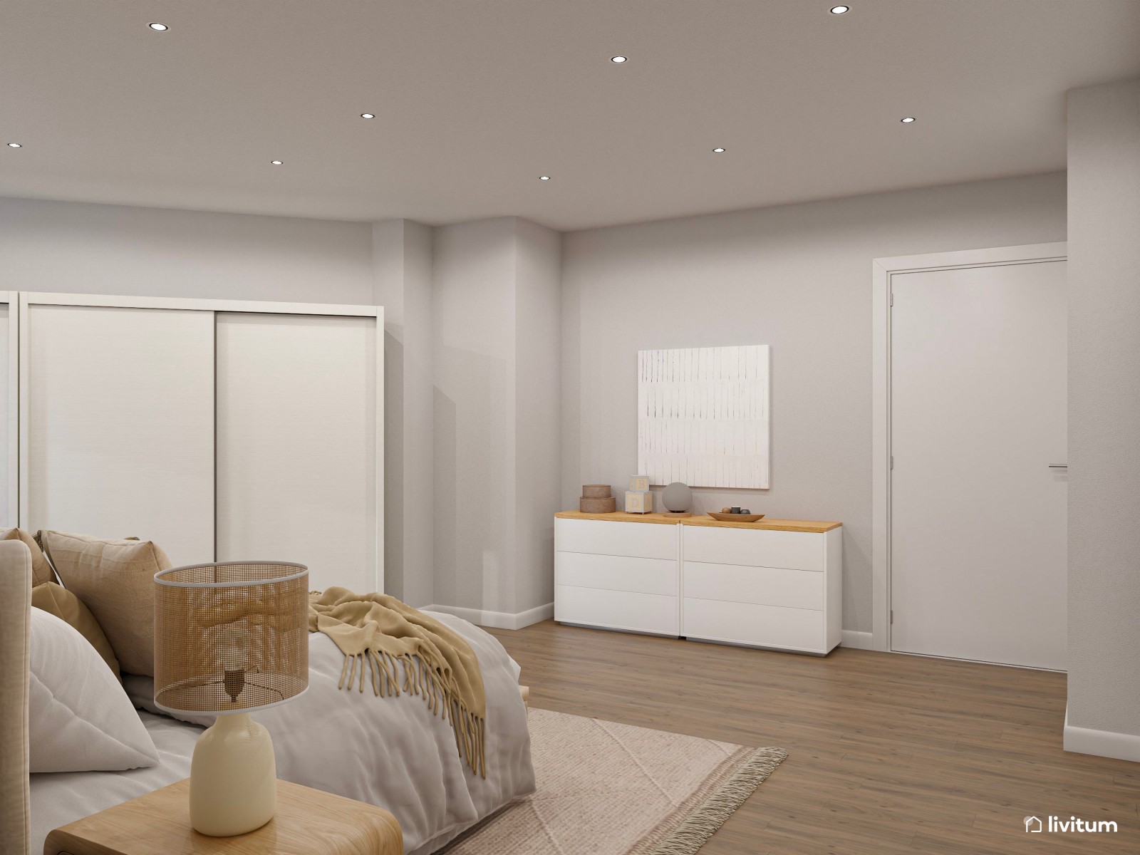 Dormitorio doble en planta irregular decorado en tonos claros y muebles de líneas suaves