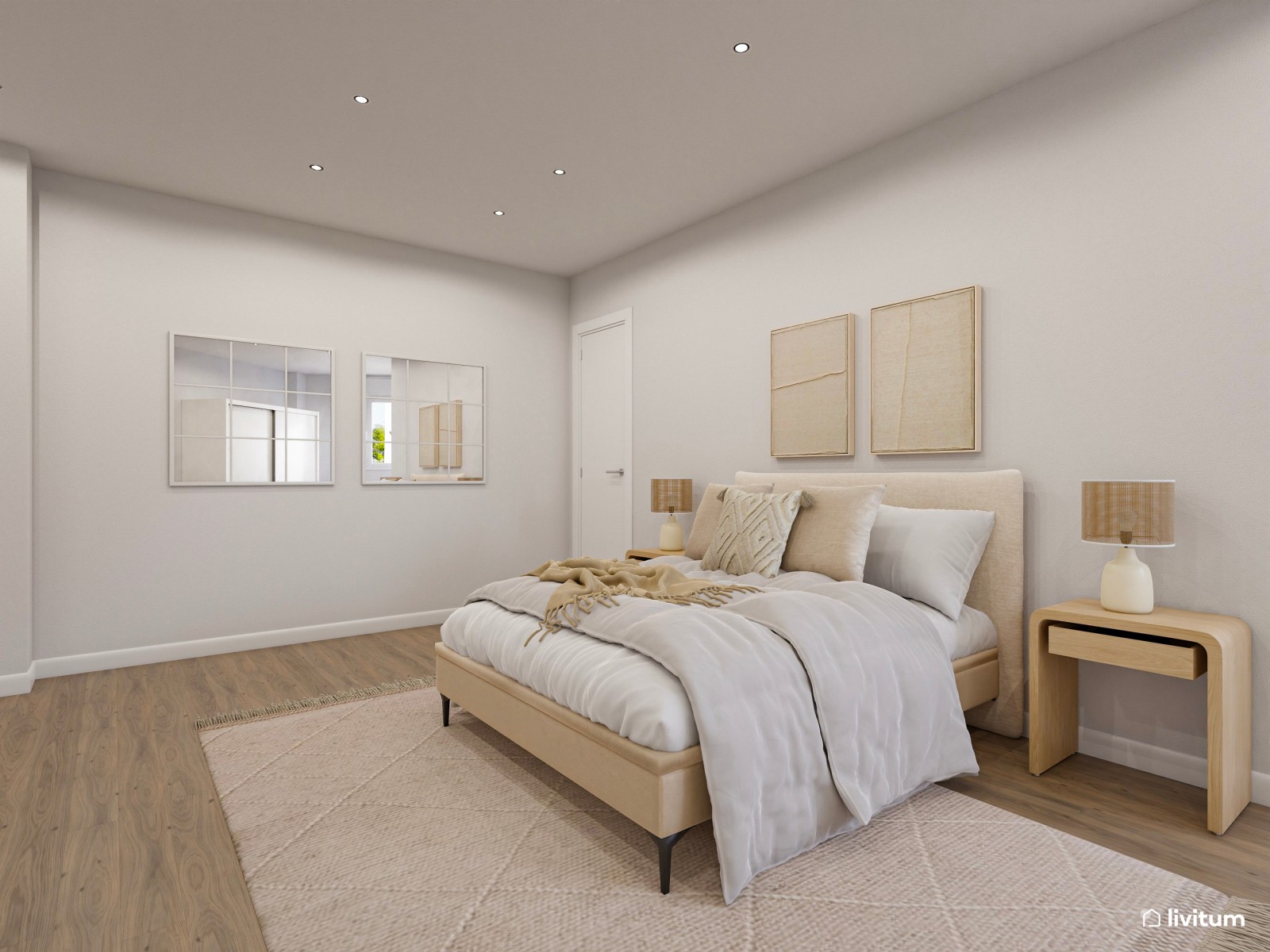 Dormitorio doble en planta irregular decorado en tonos claros y muebles de líneas suaves