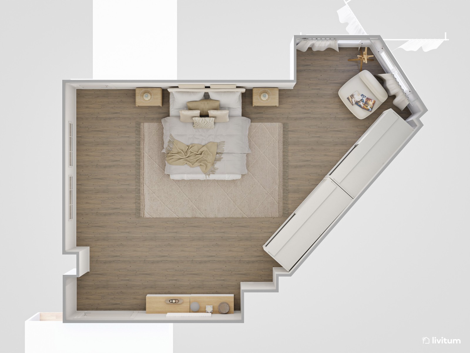 Dormitorio doble en planta irregular decorado en tonos claros y muebles de líneas suaves