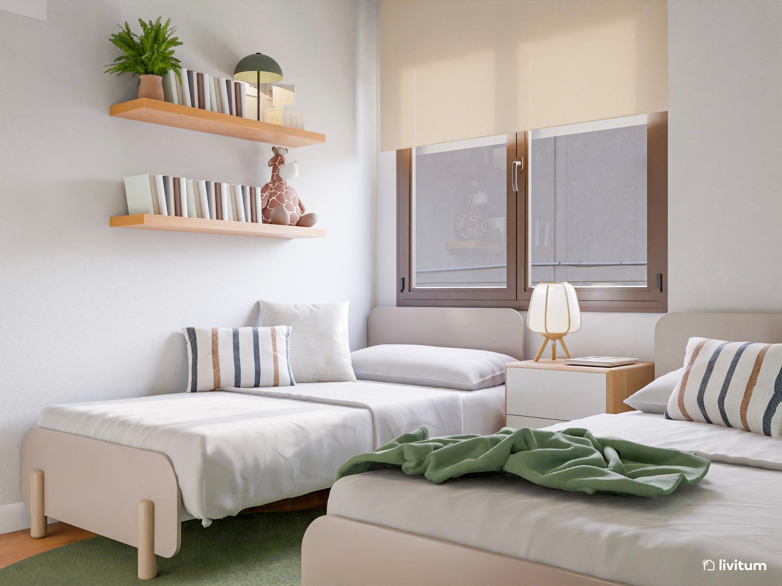 Dormitorio doble infantil con pared verde y almacenaje ligero