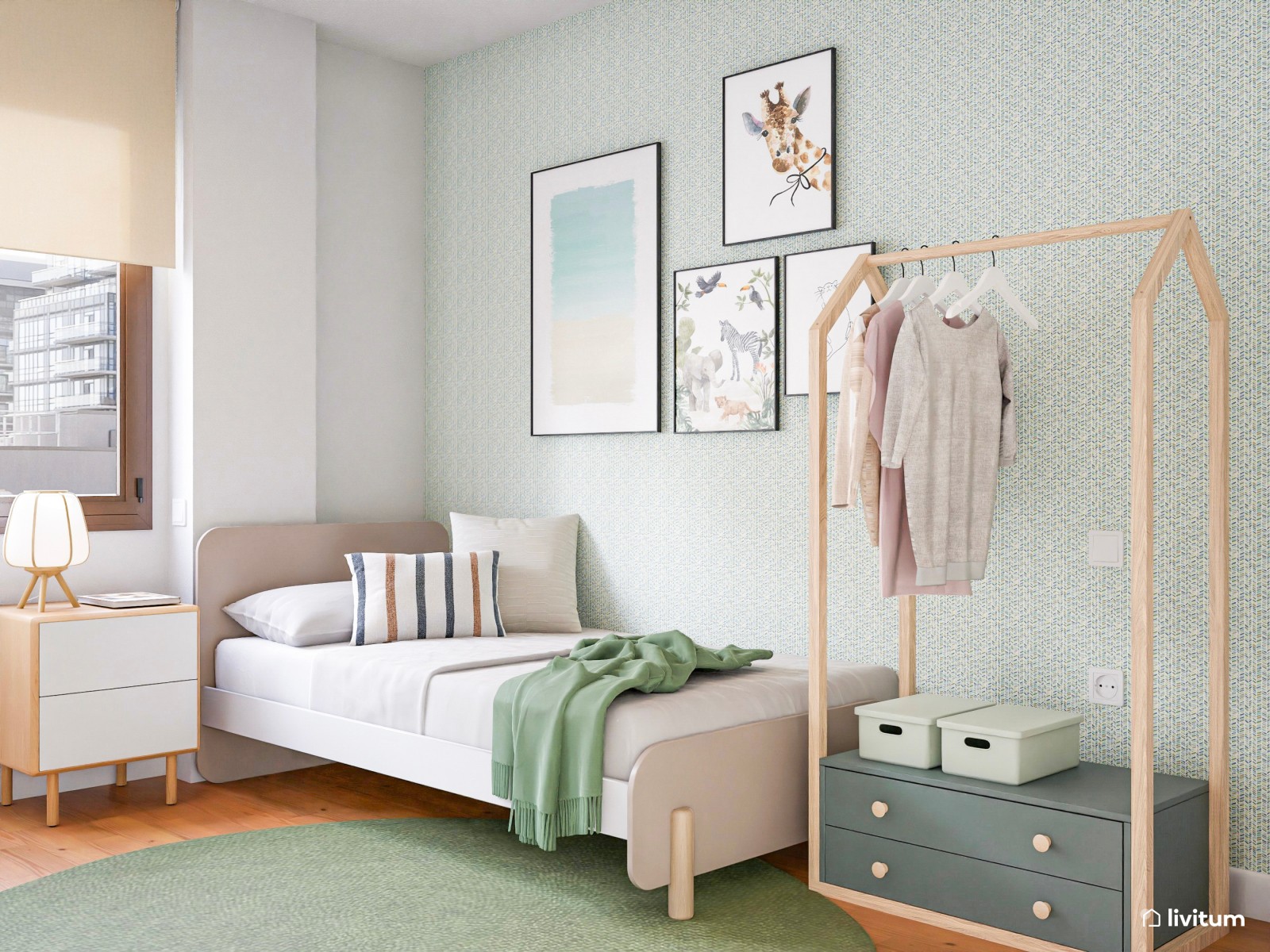 Dormitorio doble infantil con pared verde y almacenaje ligero