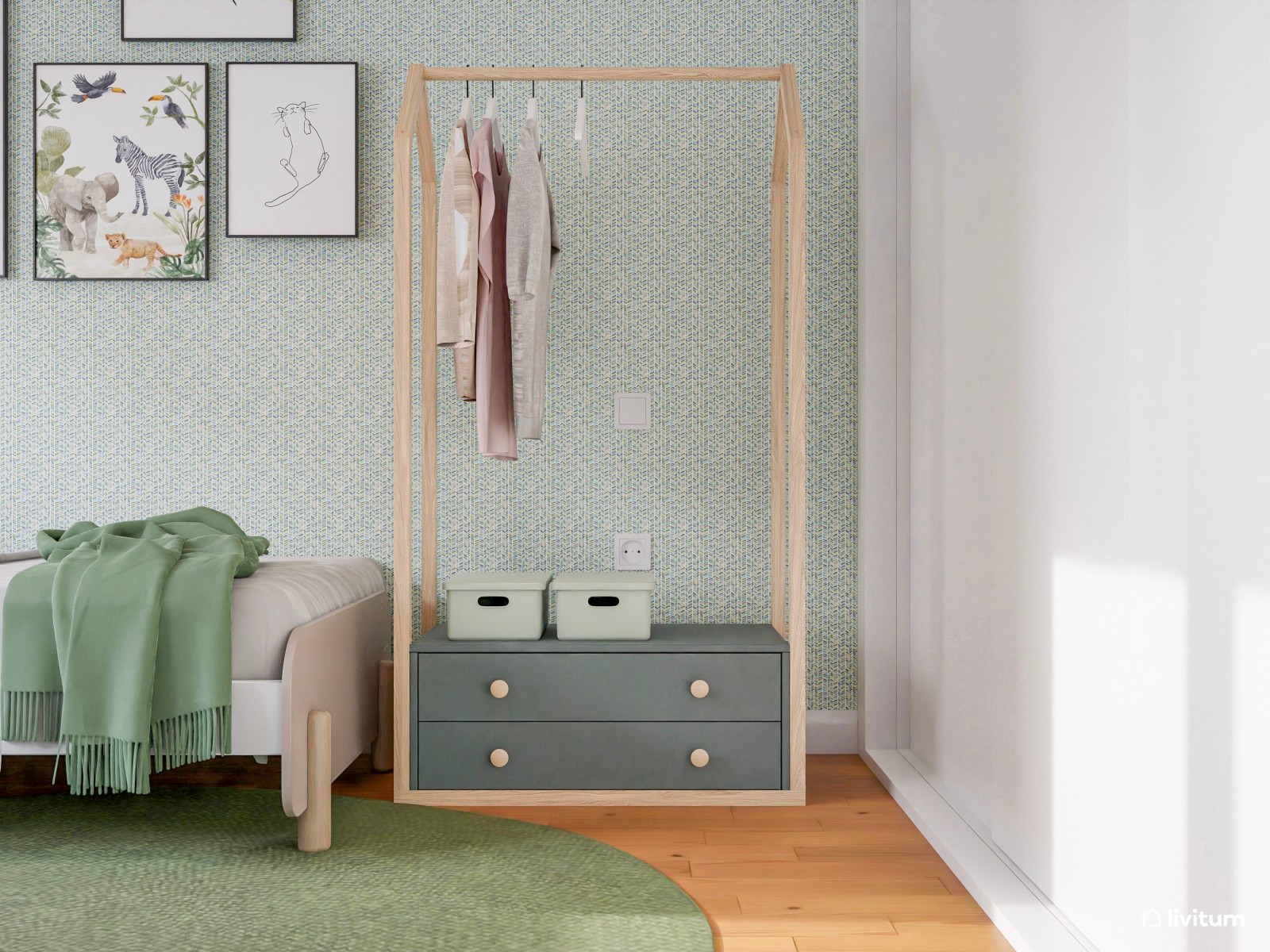 Dormitorio doble infantil con pared verde y almacenaje ligero