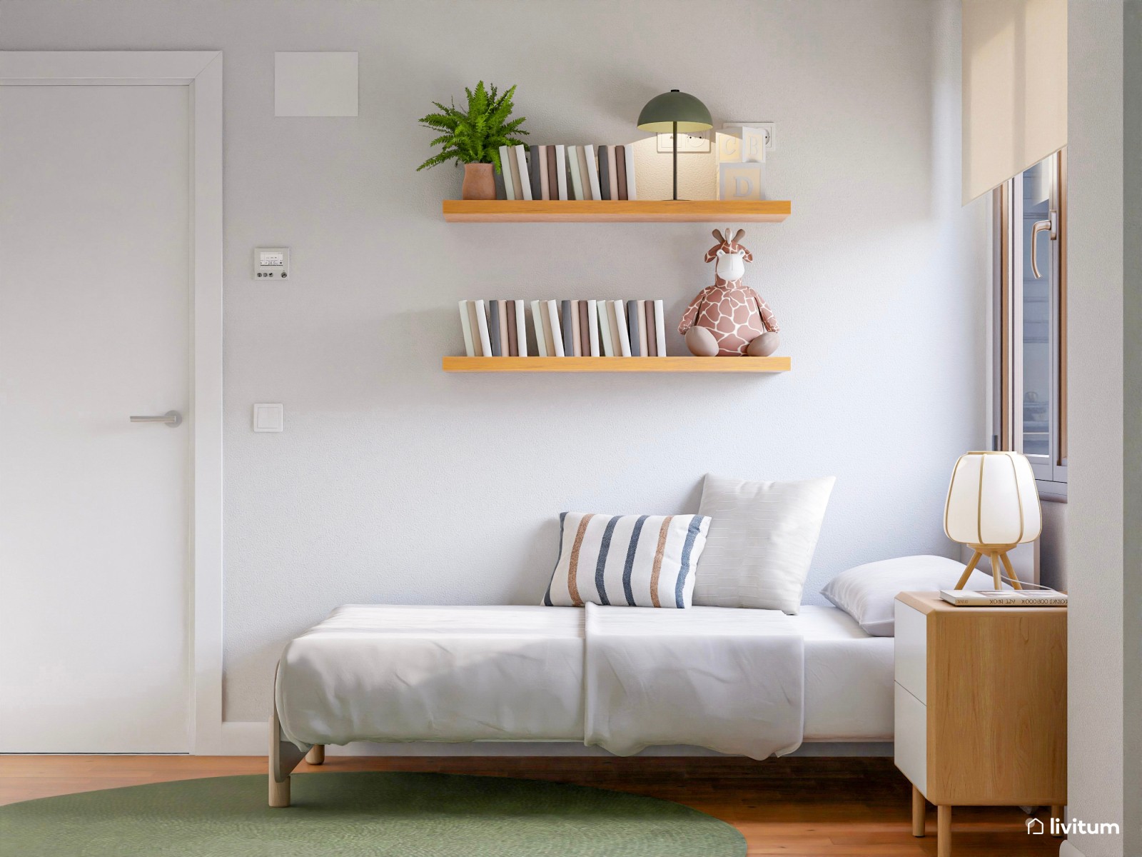 Dormitorio doble infantil con pared verde y almacenaje ligero