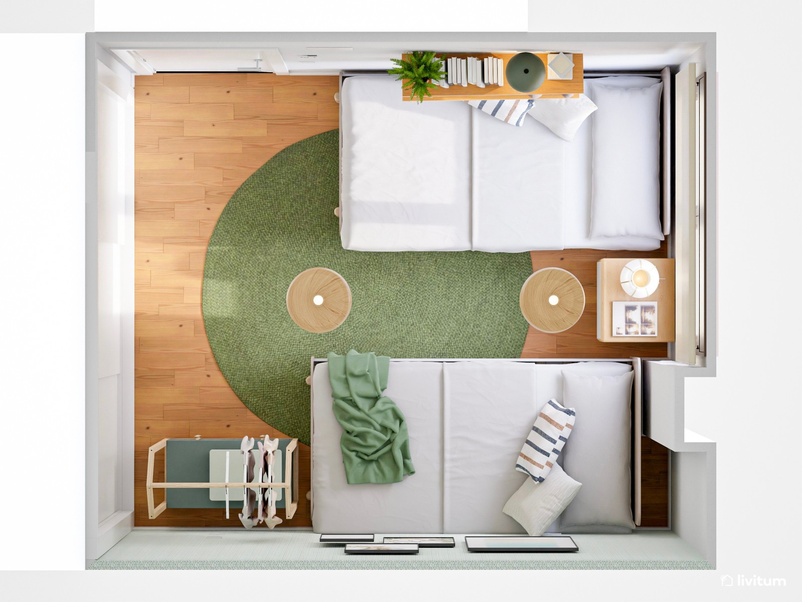 Dormitorio doble infantil con pared verde y almacenaje ligero