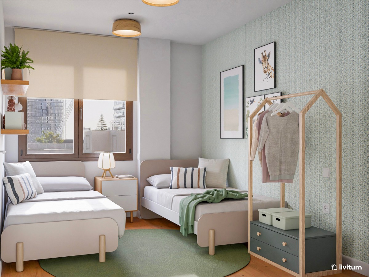 Dormitorio doble infantil con pared verde y almacenaje ligero