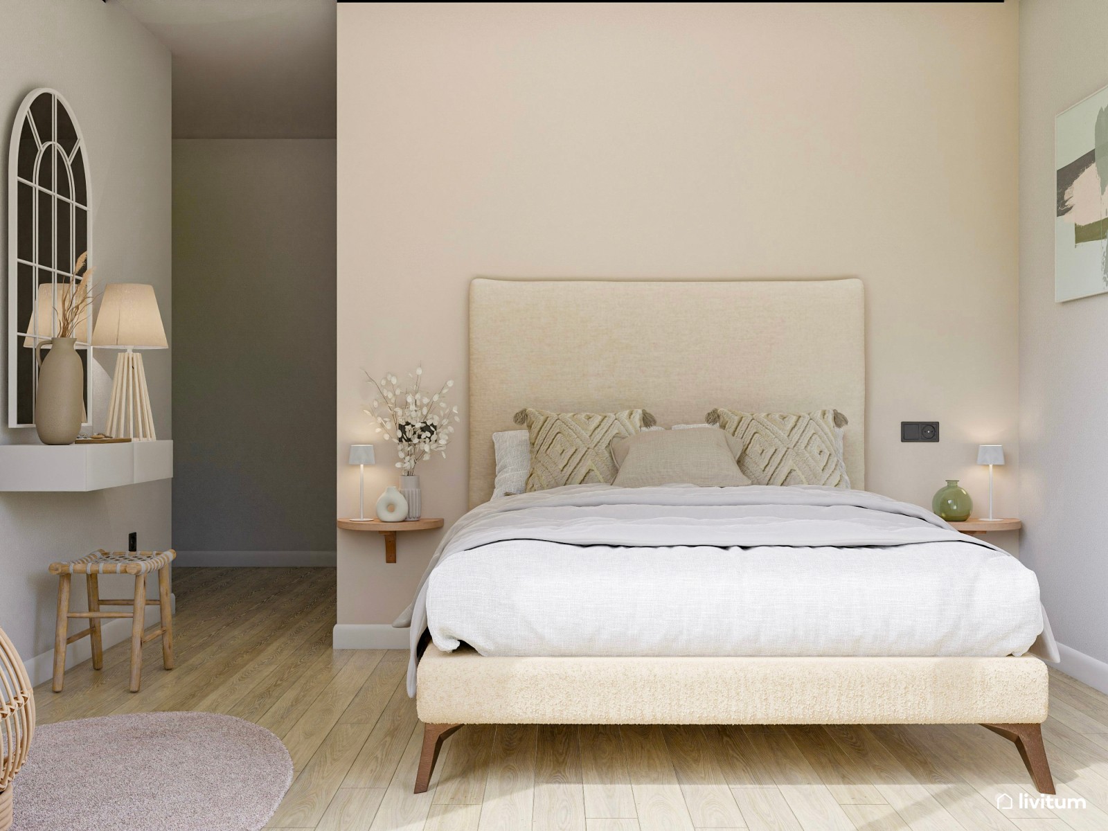 Dormitorio doble minimalista cálido con tocador y rincón para mascota