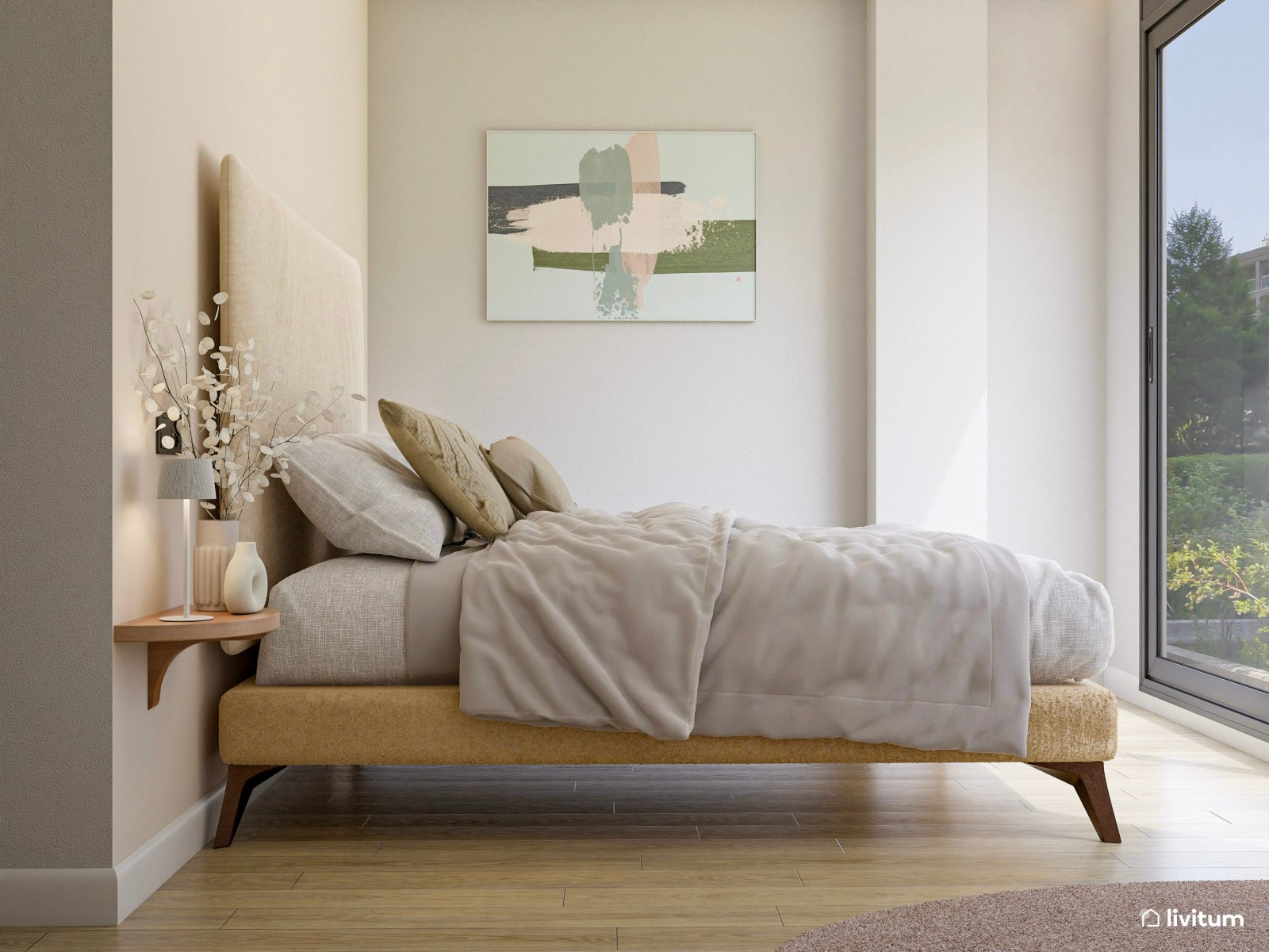 Dormitorio doble minimalista cálido con tocador y rincón para mascota