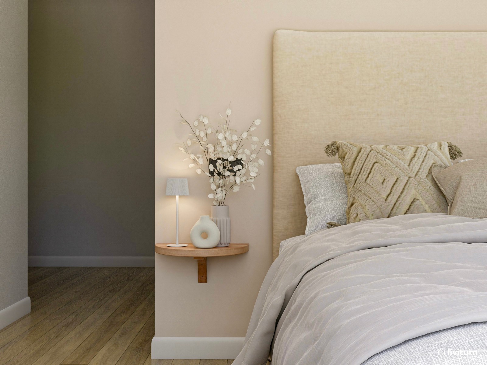 Dormitorio doble minimalista cálido con tocador y rincón para mascota