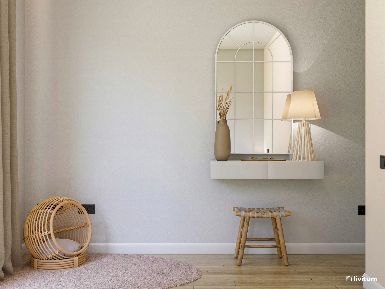 Dormitorio doble minimalista cálido con tocador y rincón para mascota