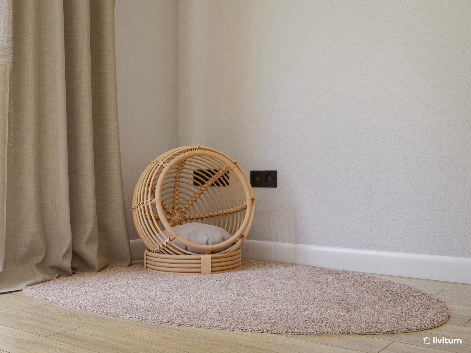 Dormitorio doble minimalista cálido con tocador y rincón para mascota