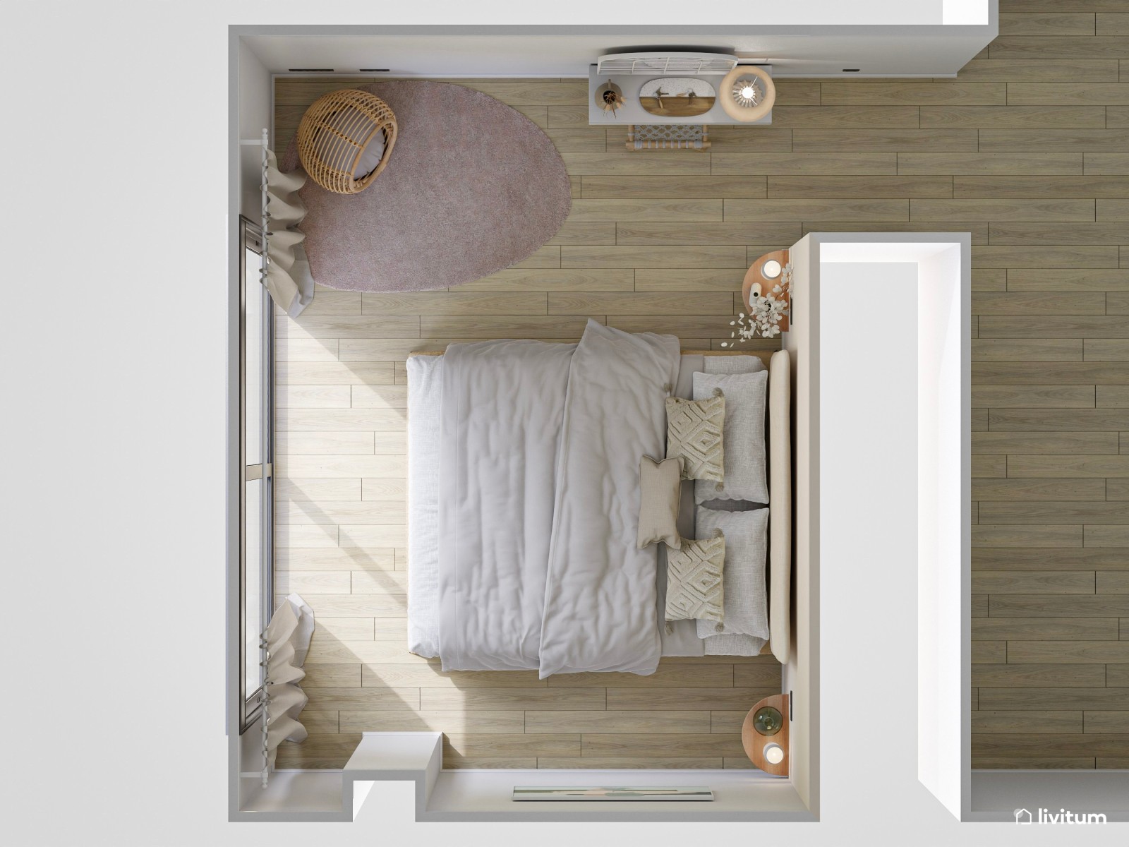 Dormitorio doble minimalista cálido con tocador y rincón para mascota