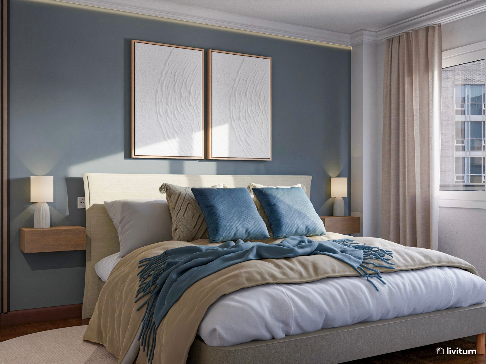 Dormitorio doble muy elegante en tonos azules