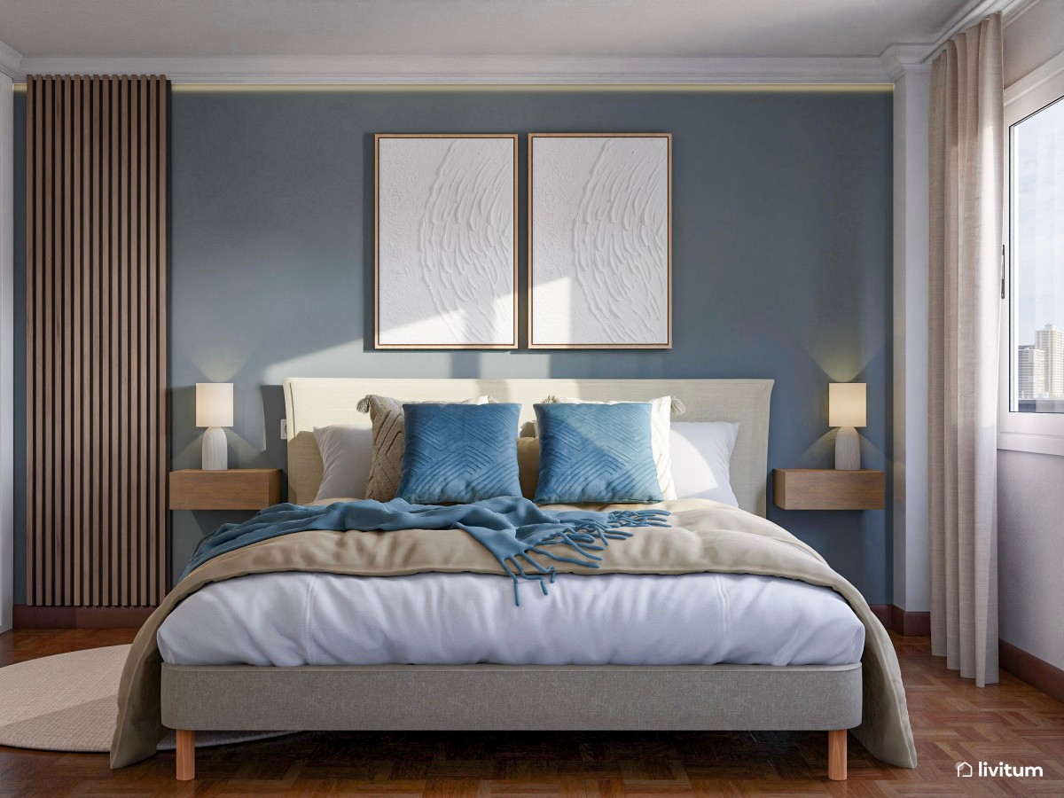 Dormitorio doble muy elegante en tonos azules