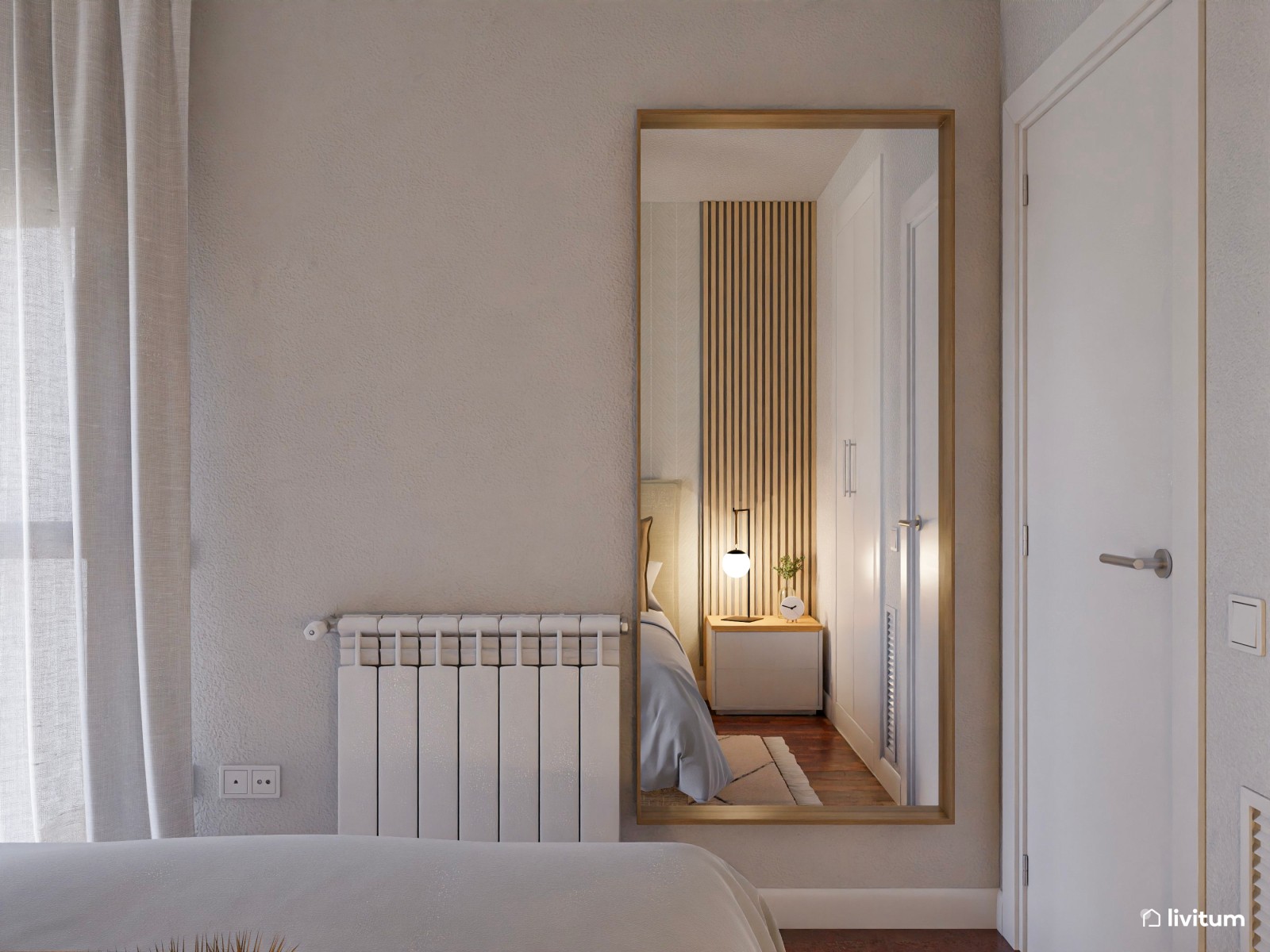 Dormitorio doble muy relajante con cama baja y paredes revestidas