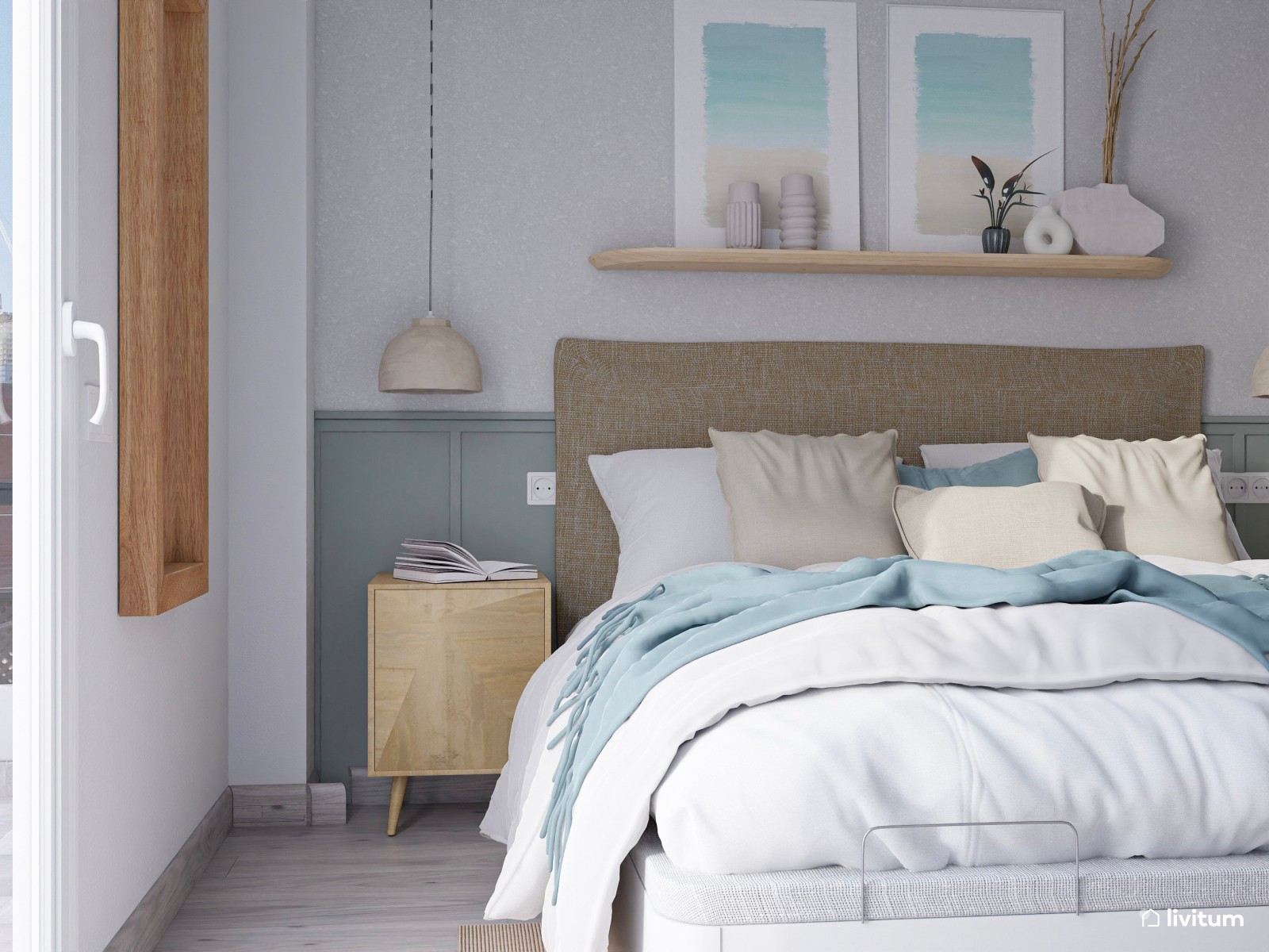 Dormitorio doble pequeño con decoración serena en tonos azules