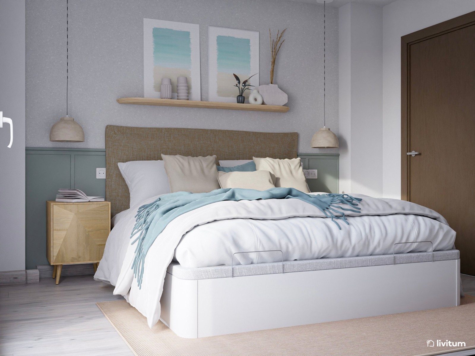Dormitorio doble pequeño con decoración serena en tonos azules