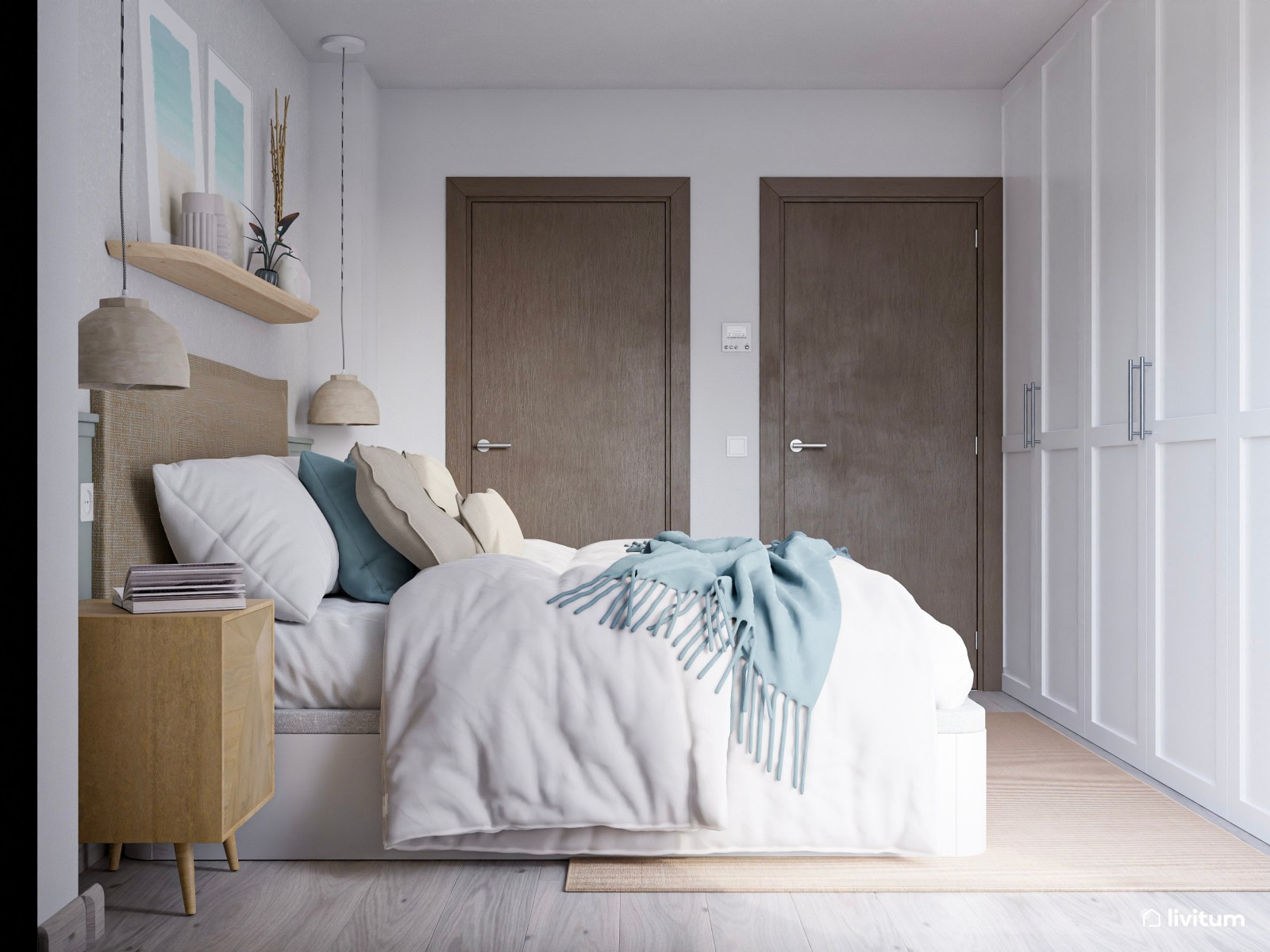 Dormitorio doble pequeño con decoración serena en tonos azules