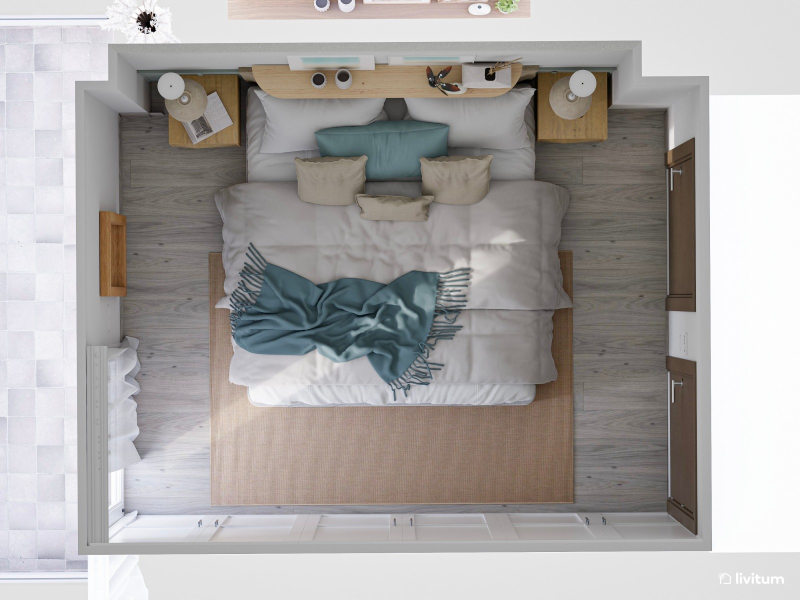 Dormitorio doble pequeño con decoración serena en tonos azules