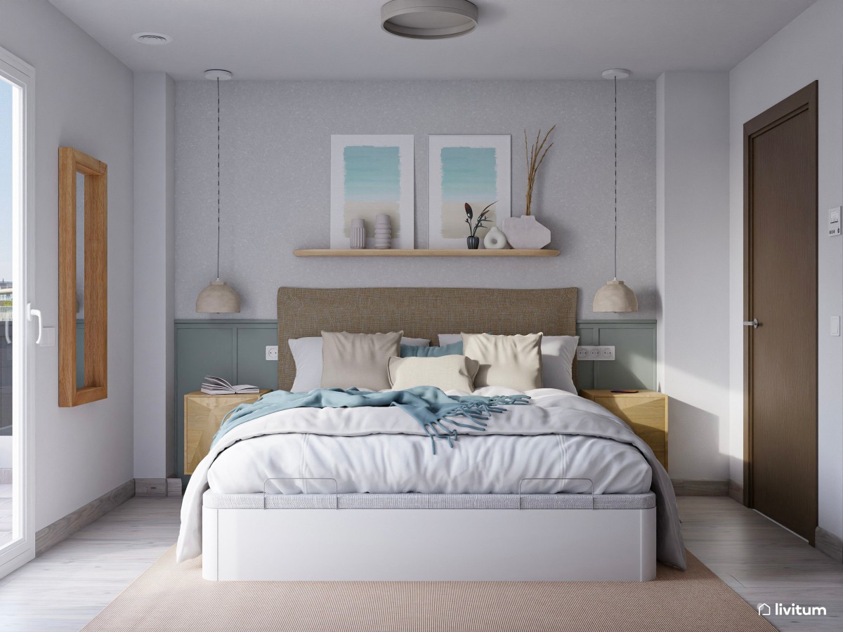 Dormitorio doble pequeño con decoración serena en tonos azules