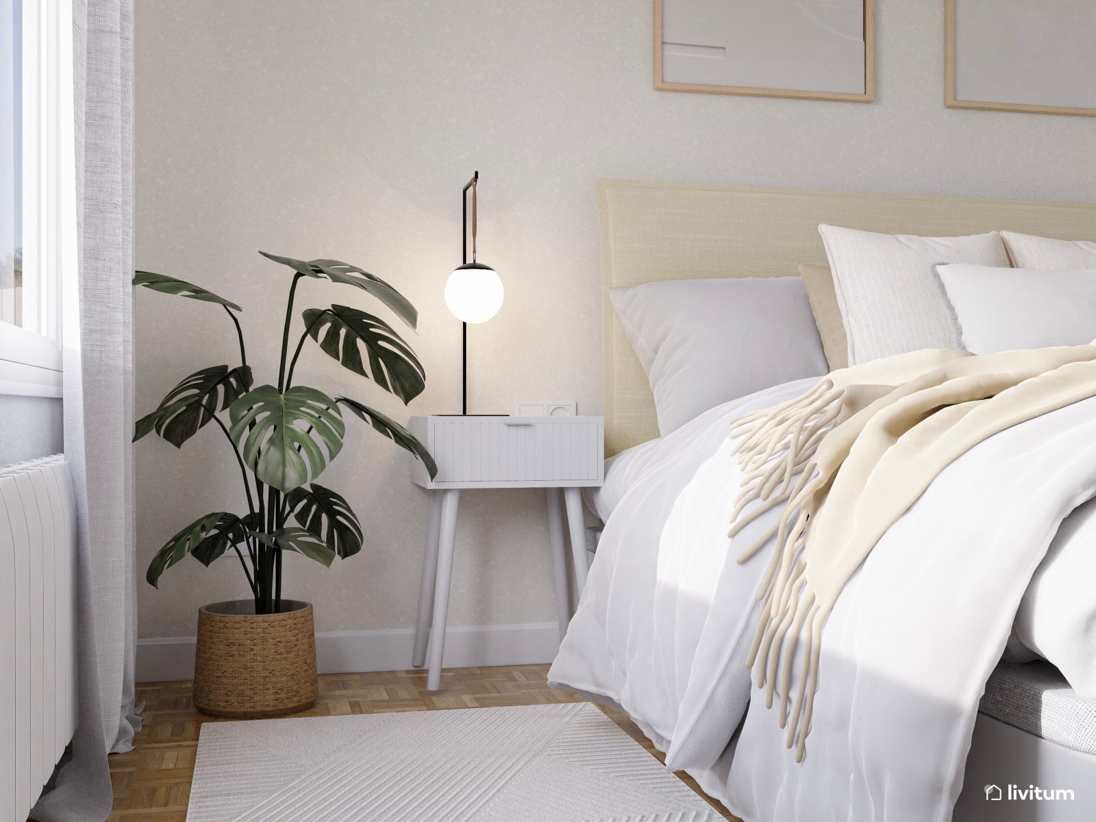 Dormitorio doble serenamente decorado en blanco