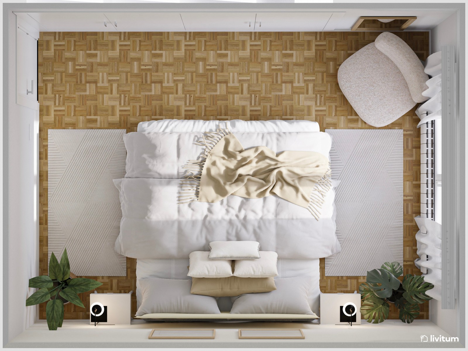 Dormitorio doble serenamente decorado en blanco