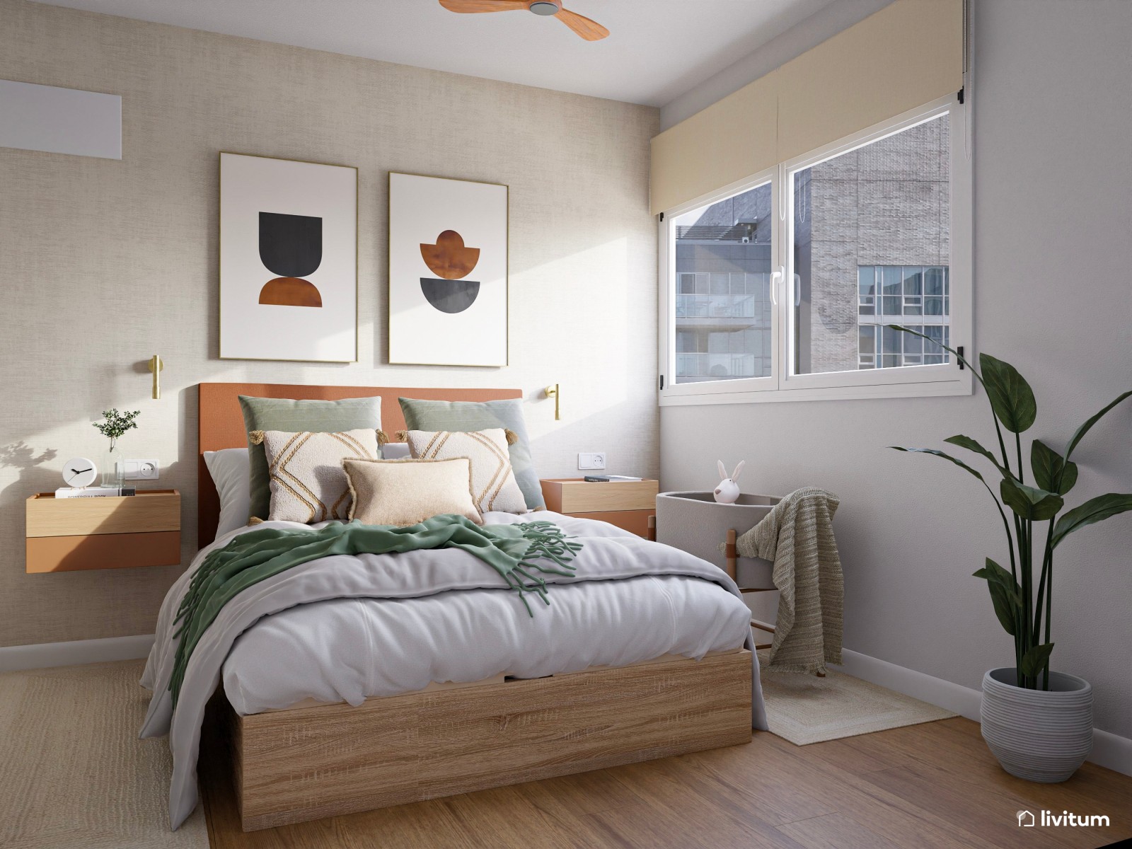 Dormitorio ecléctico cálido en verde y terracota 