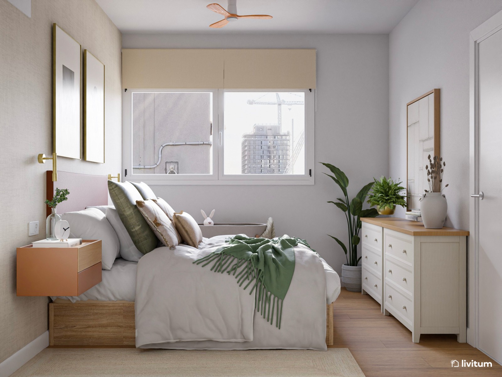 Dormitorio ecléctico cálido en verde y terracota 