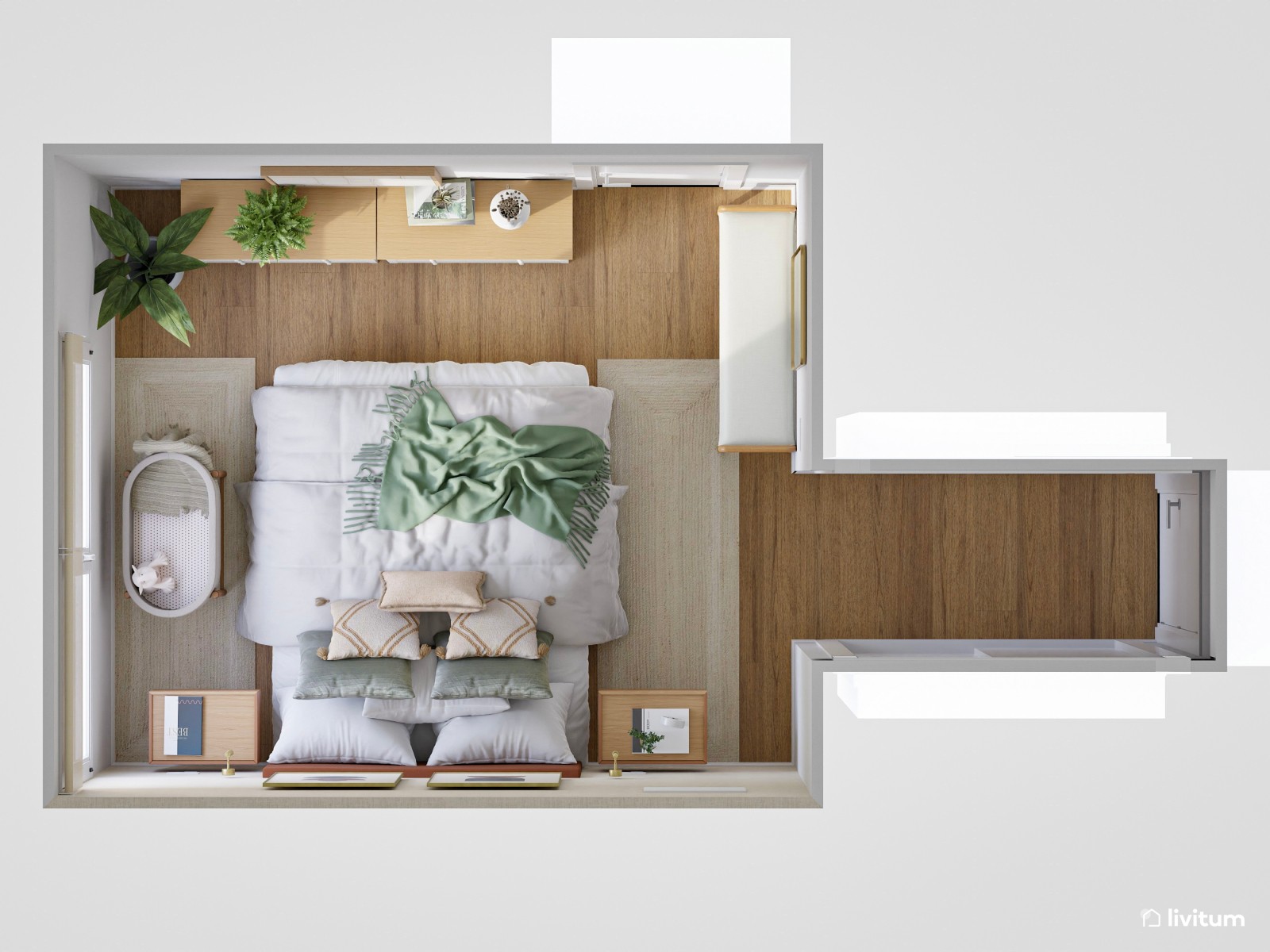 Dormitorio ecléctico cálido en verde y terracota 