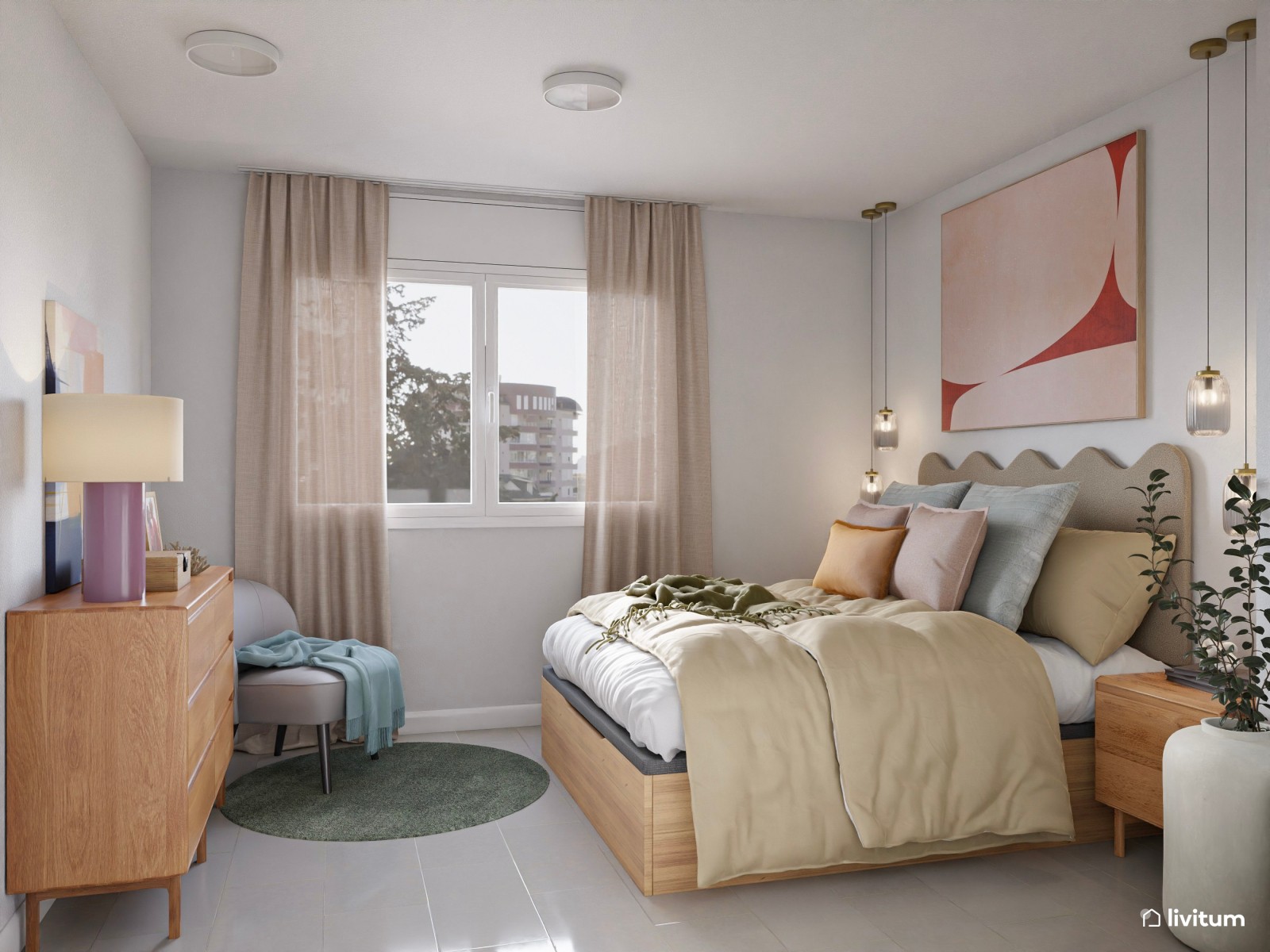 Dormitorio ecléctico y moderno, con tonos vivos, suaves y formas onduladas