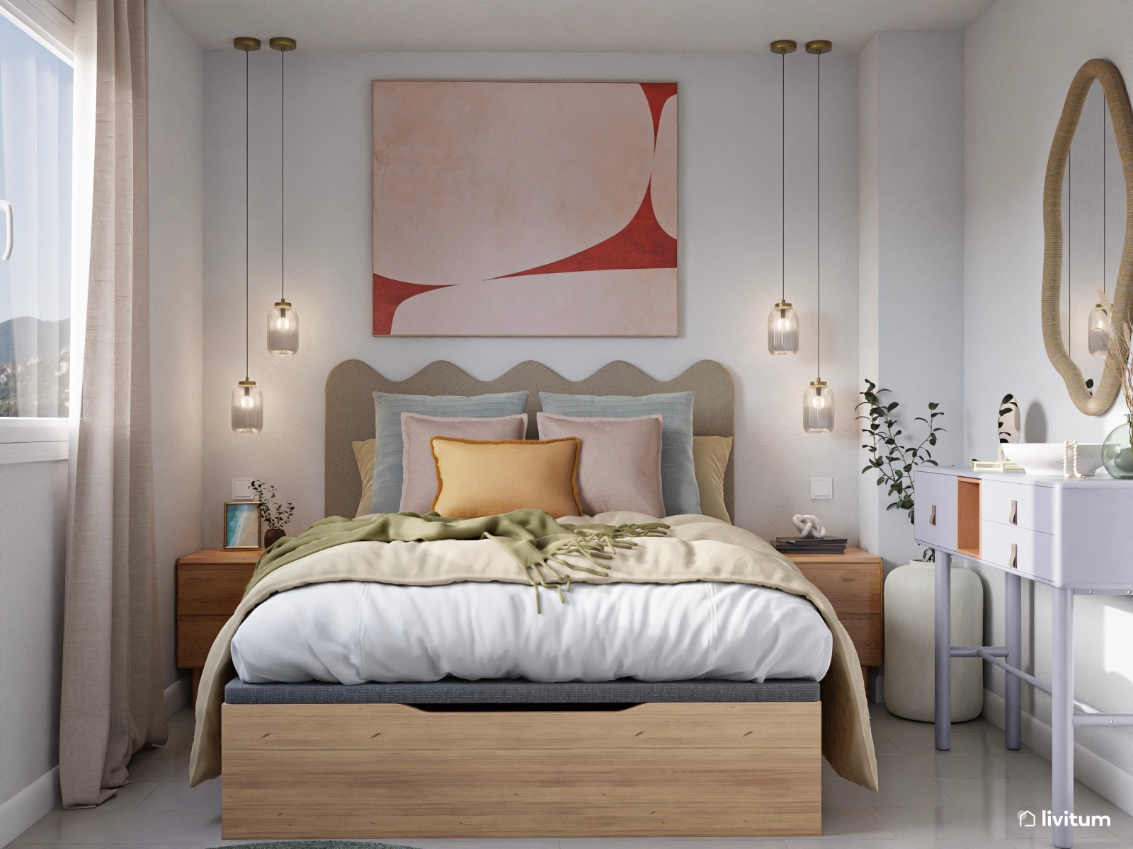 Dormitorio ecléctico y moderno, con tonos vivos, suaves y formas onduladas