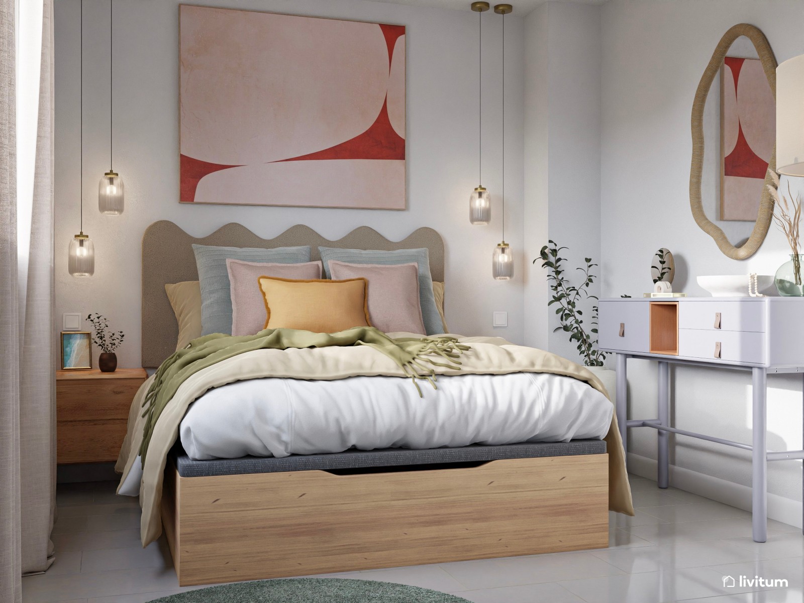 Dormitorio ecléctico y moderno, con tonos vivos, suaves y formas onduladas