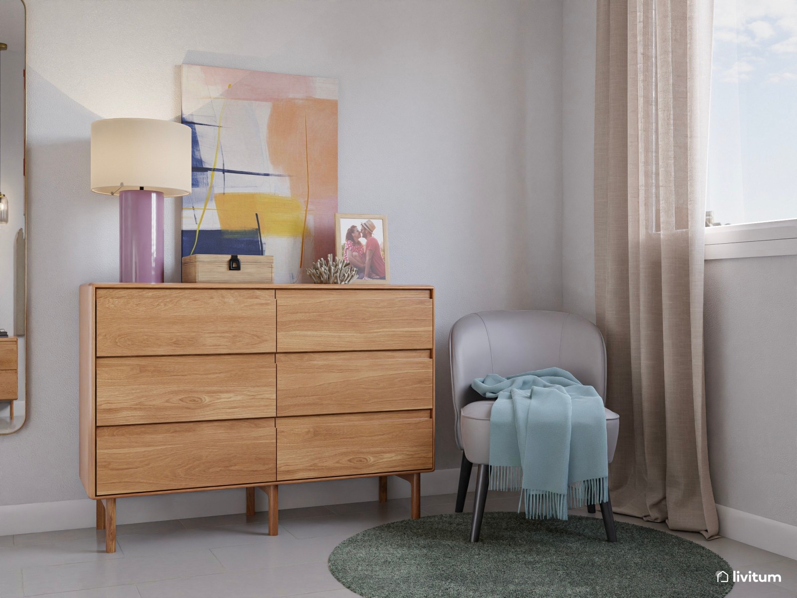 Dormitorio ecléctico y moderno, con tonos vivos, suaves y formas onduladas