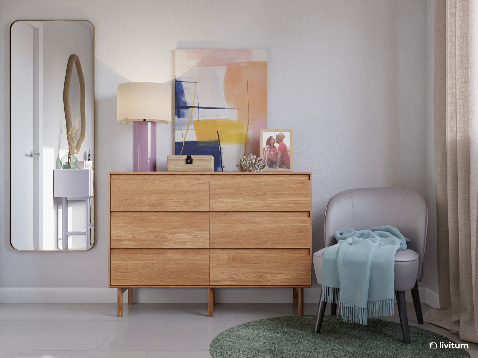 Dormitorio ecléctico y moderno, con tonos vivos, suaves y formas onduladas