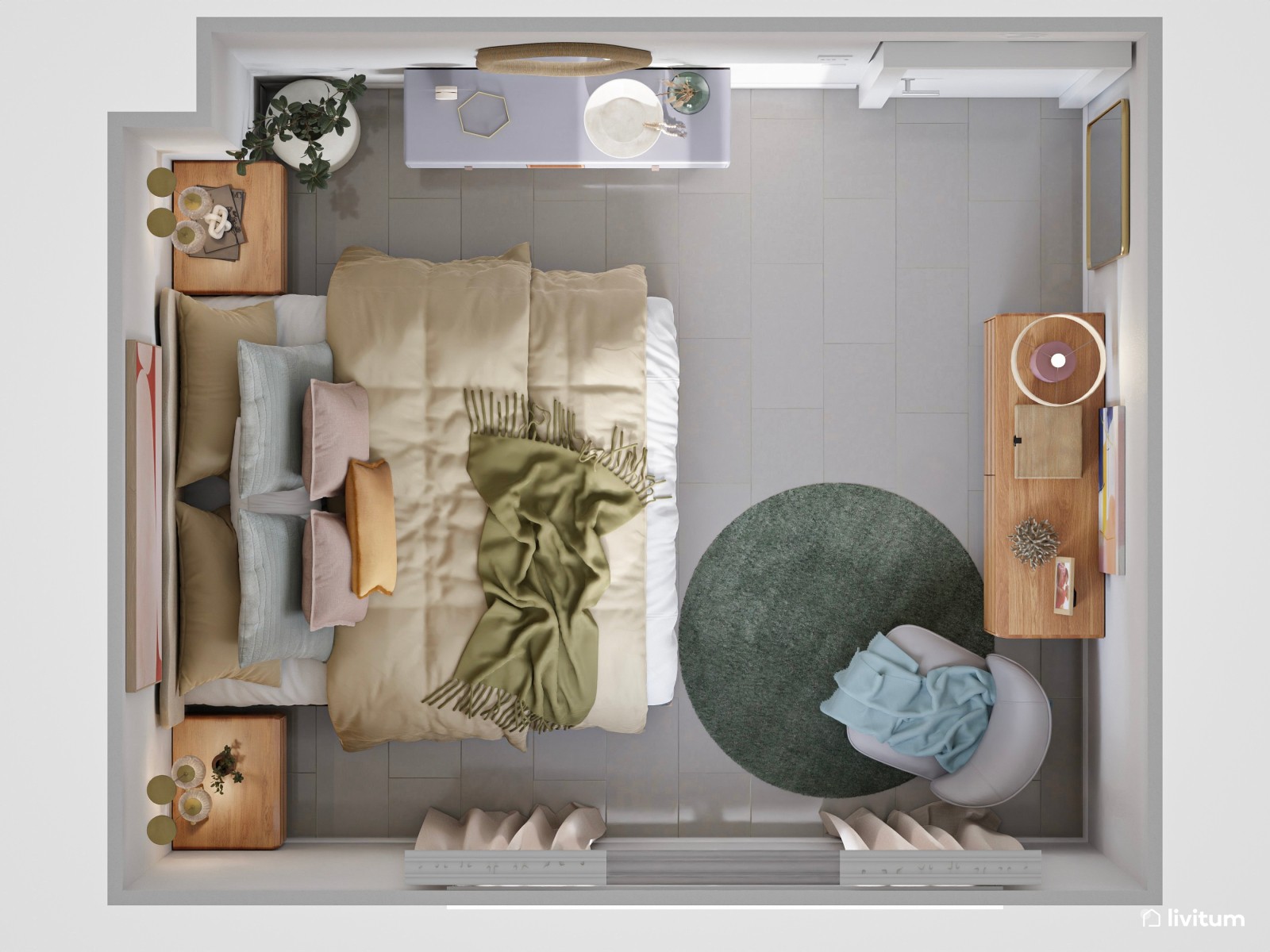 Dormitorio ecléctico y moderno, con tonos vivos, suaves y formas onduladas