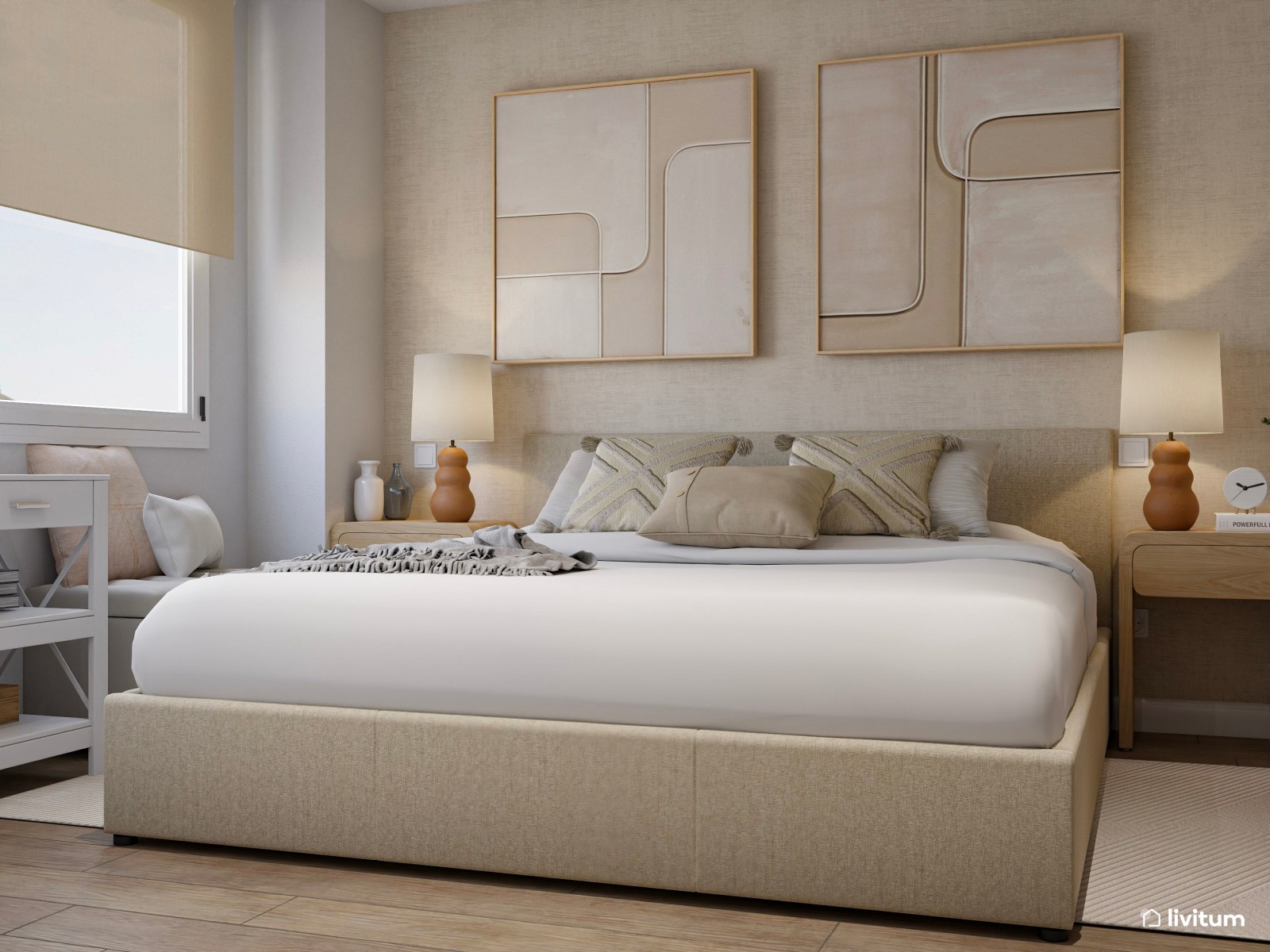 Dormitorio elegante con cama de baja altura y decoración relajante