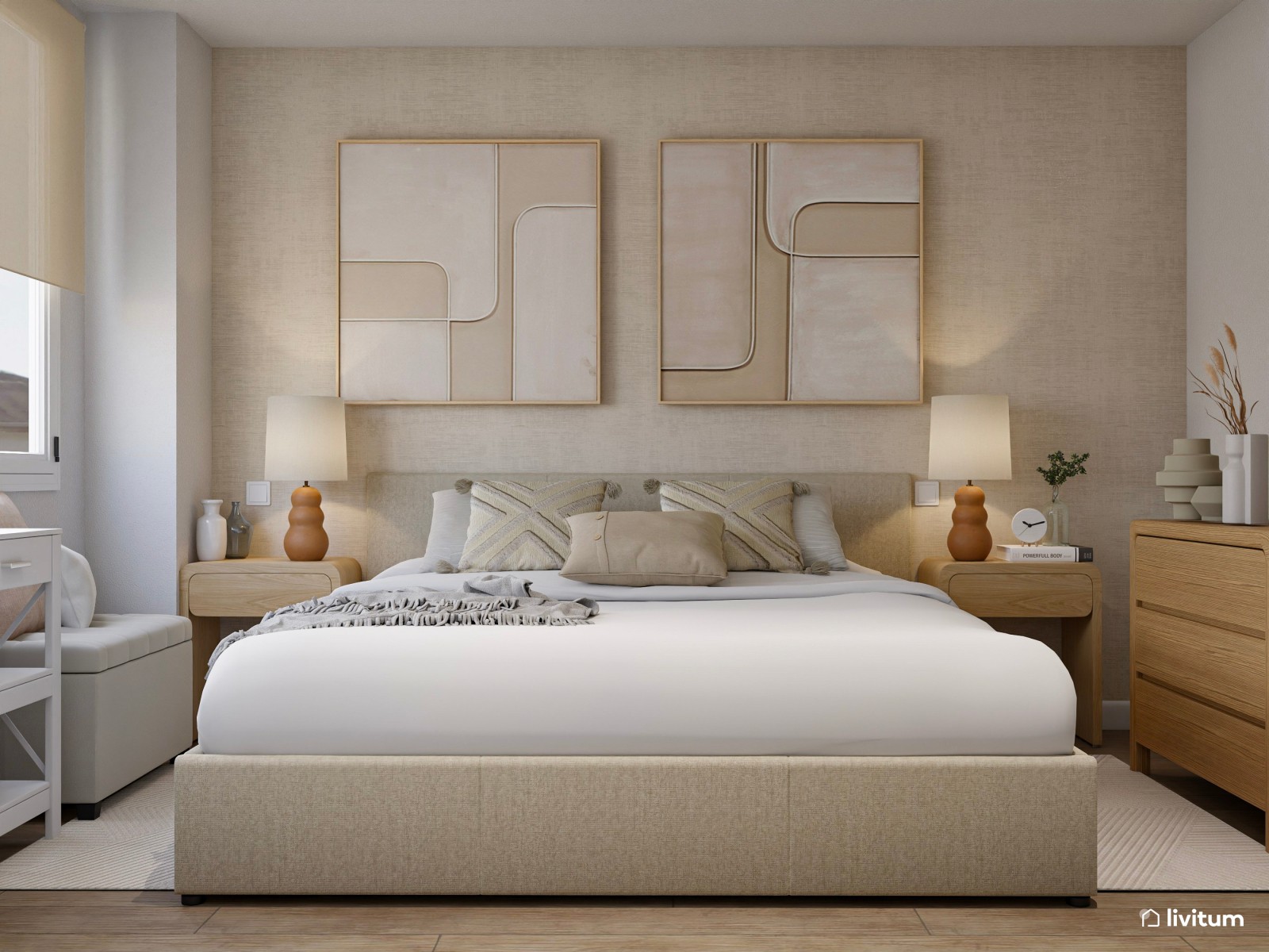 Dormitorio elegante con cama de baja altura y decoración relajante