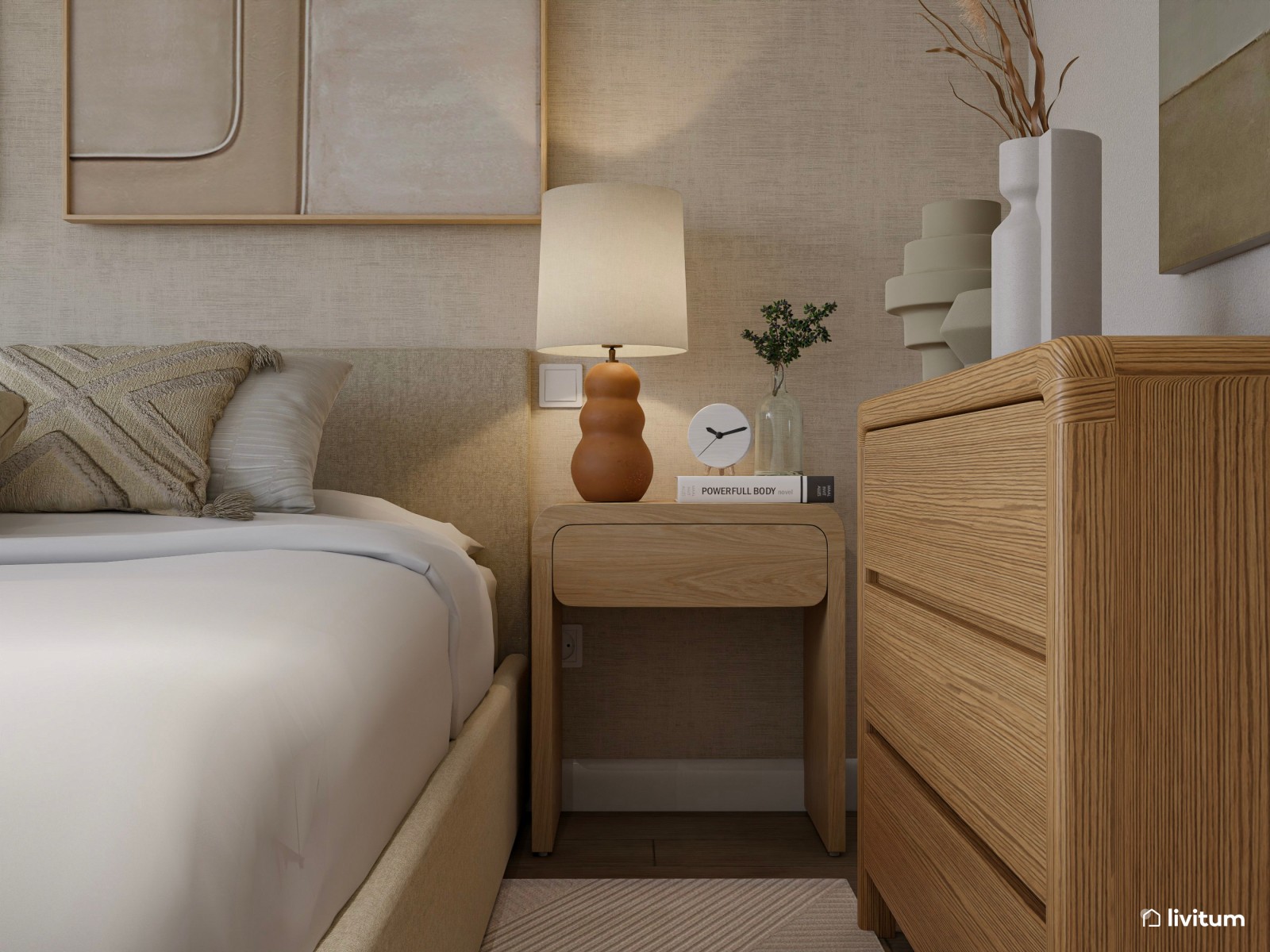 Dormitorio elegante con cama de baja altura y decoración relajante