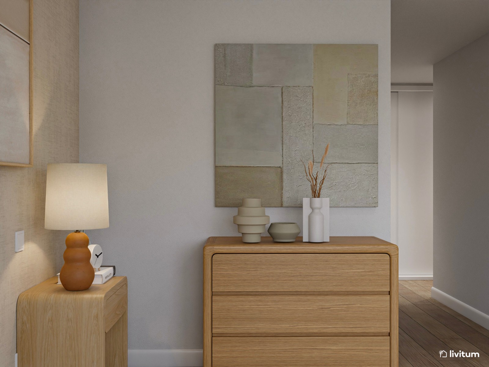 Dormitorio elegante con cama de baja altura y decoración relajante