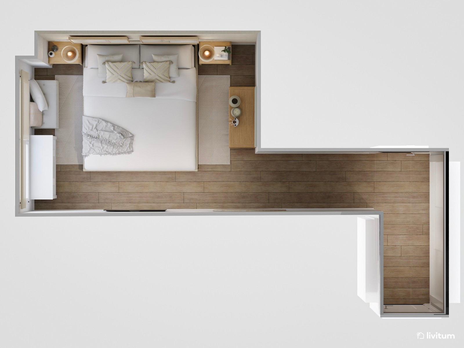 Dormitorio elegante con cama de baja altura y decoración relajante