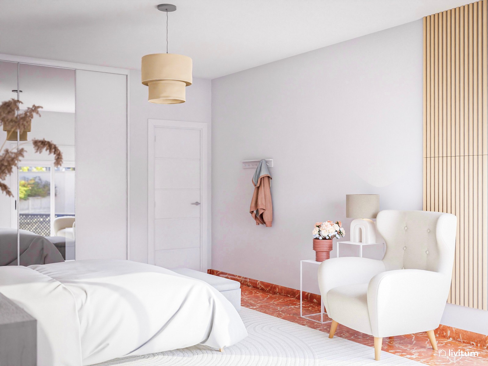 Dormitorio elegante con listones de madera y tonos neutros 