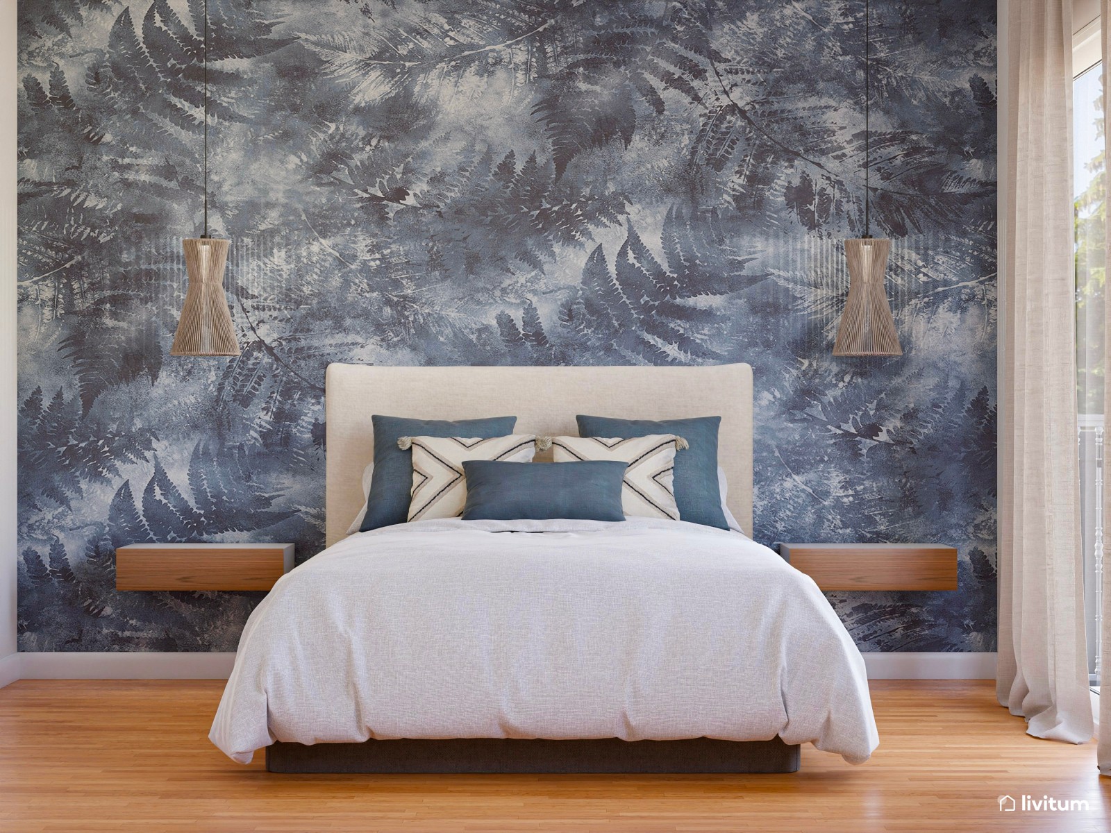 Dormitorio elegante con papel pintado azul y zona de escritorio
