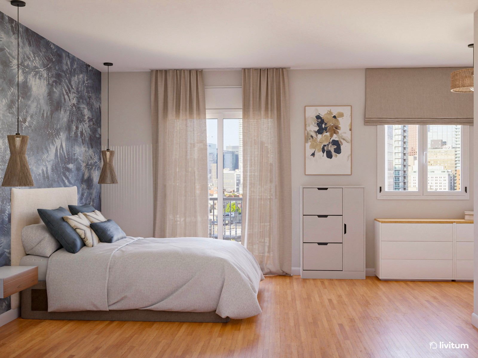 Dormitorio elegante con papel pintado azul y zona de escritorio