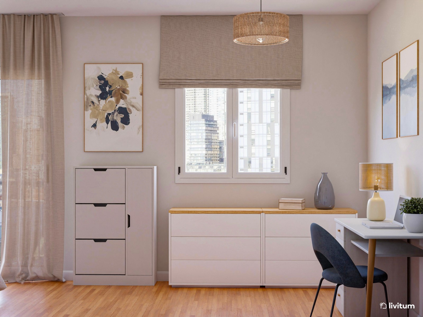 Dormitorio elegante con papel pintado azul y zona de escritorio