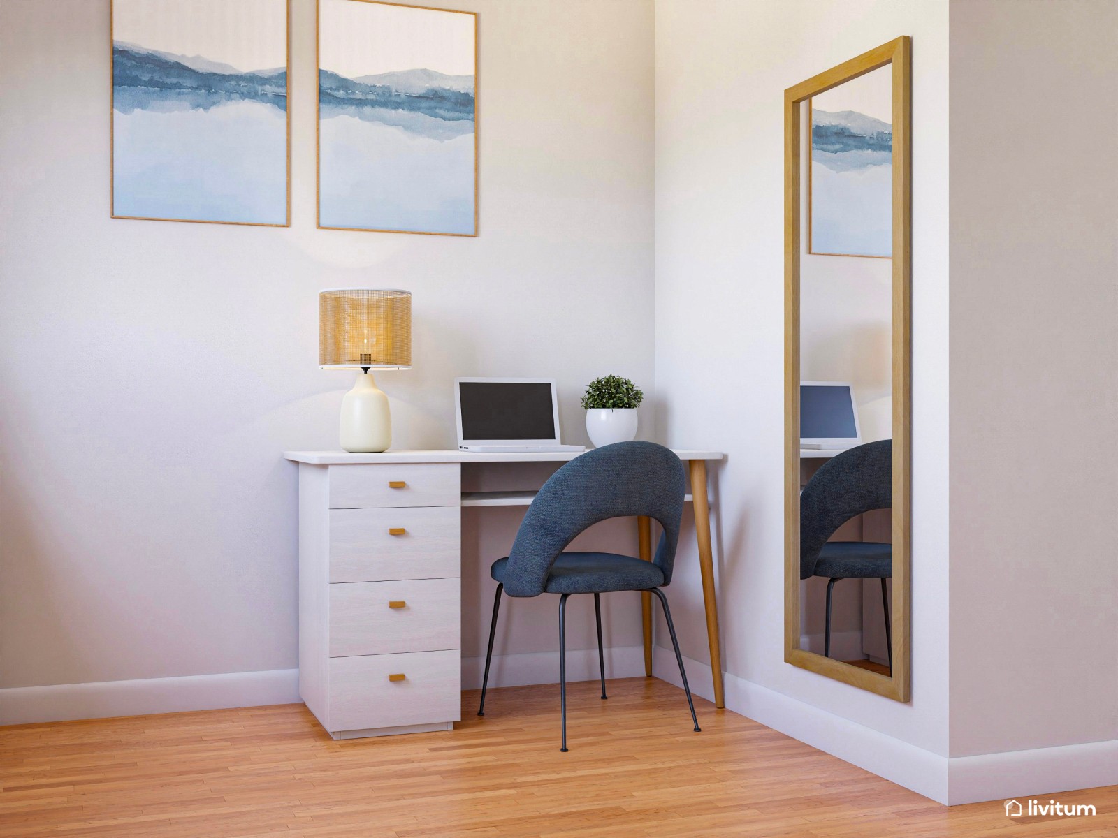 Dormitorio elegante con papel pintado azul y zona de escritorio