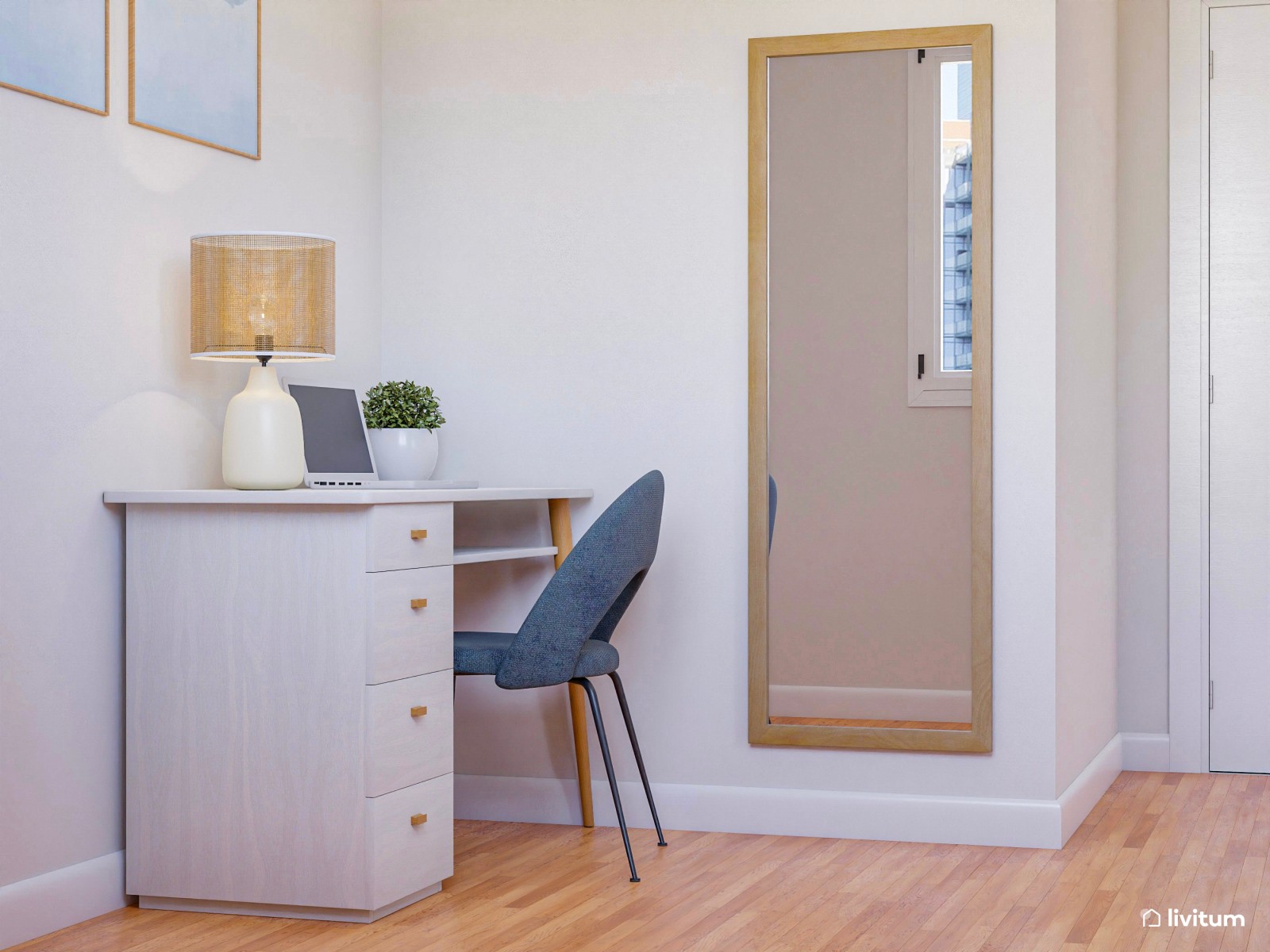 Dormitorio elegante con papel pintado azul y zona de escritorio