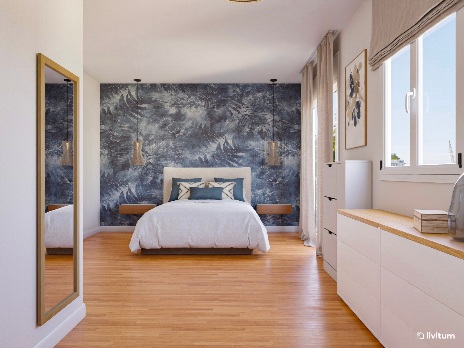 Dormitorio elegante con papel pintado azul y zona de escritorio