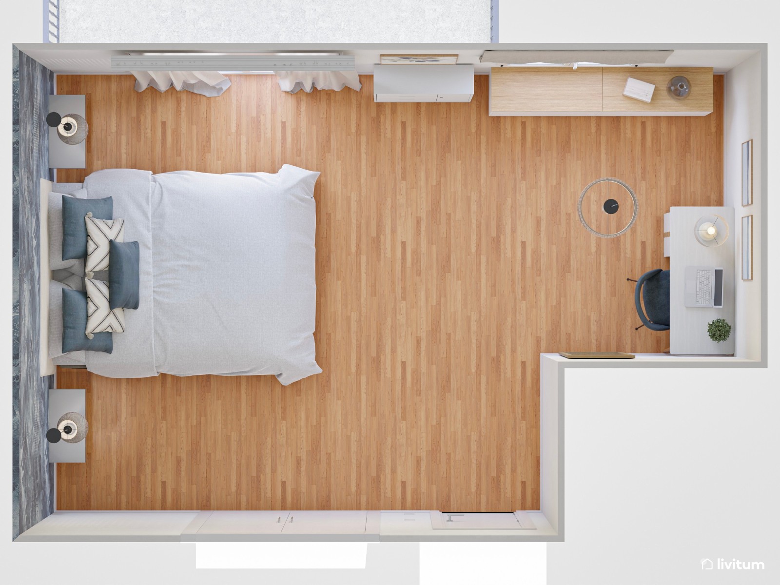 Dormitorio elegante con papel pintado azul y zona de escritorio