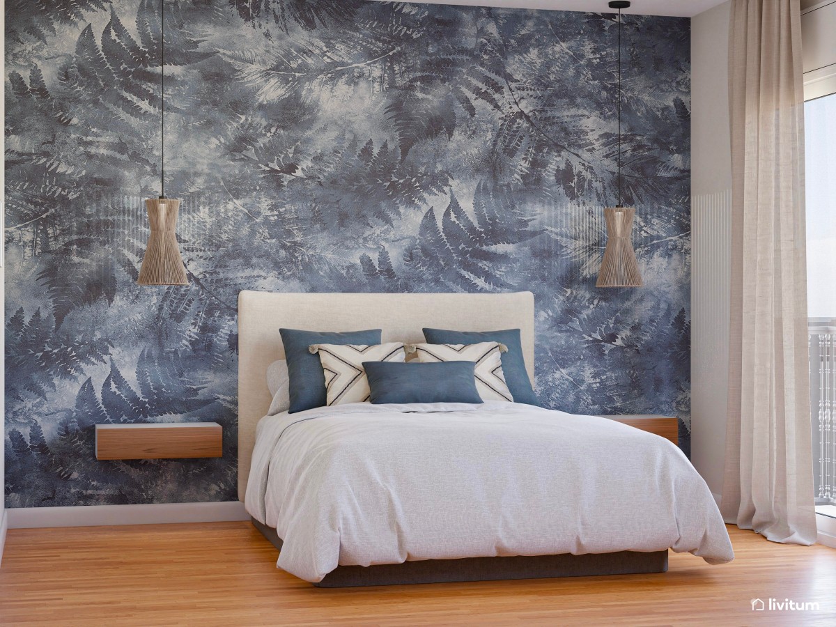 Dormitorio elegante con papel pintado azul y zona de escritorio
