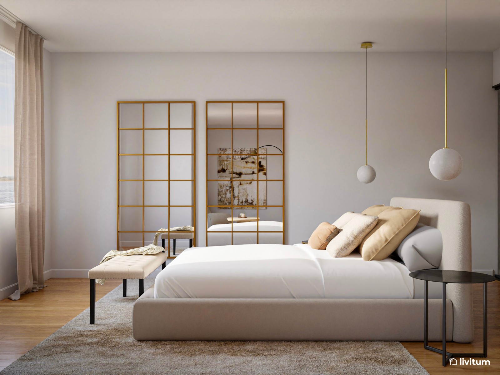 Dormitorio elegante con sala de estar de estilo nórdico 