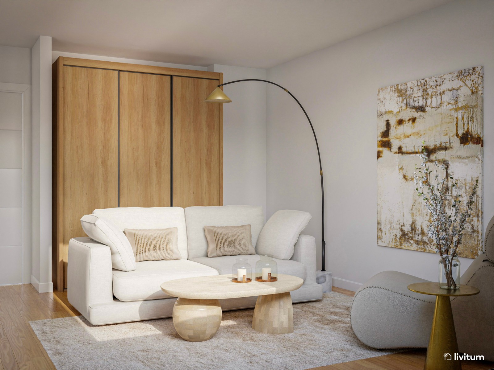 Dormitorio elegante con sala de estar de estilo nórdico 